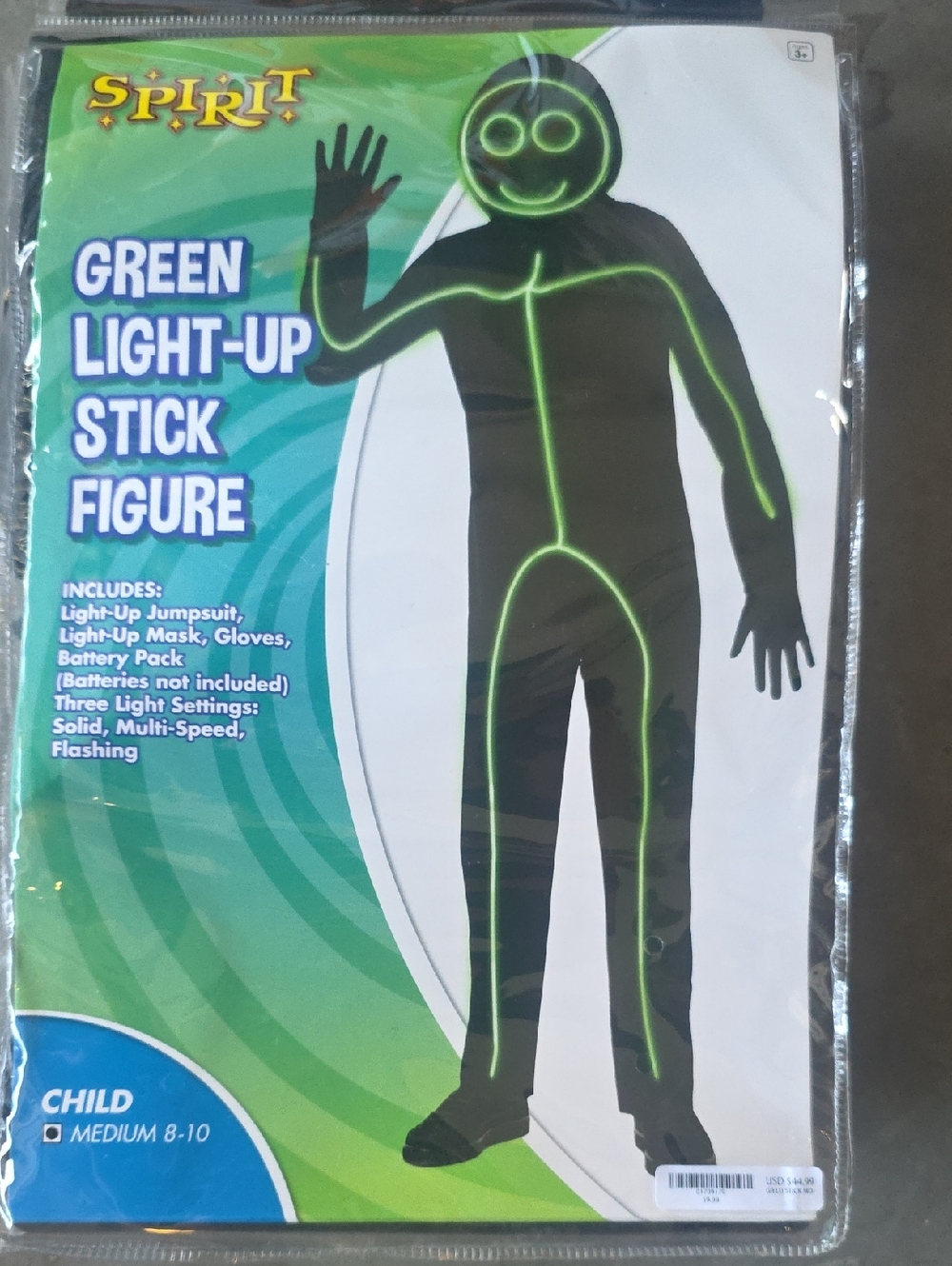 Spirit Green Light-Up Stick Figure Costume with Black Jumpsuit